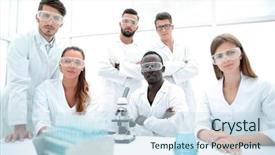  Presentation with successful - Audience pleasing presentation theme consisting of group of young successful scientists backdrop and a sky blue colored foreground