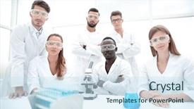  Presentation with successful - Colorful slide set enhanced with group of young successful scientists backdrop and a sky blue colored foreground