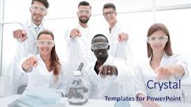  Presentation with successful group of surgeons - Beautiful PPT theme featuring group of young successful scientists backdrop and a sky blue colored foreground