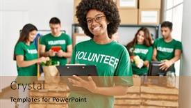  Presentation with group - Presentation theme featuring group-of-young-volunteers-smiing background and a  colored foreground