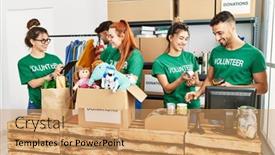  Presentation with group - Presentation consisting of group-of-young-volunteers-smiing background and a coral colored foreground