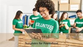  Presentation with group - PPT theme consisting of group-of-young-volunteers-smiing background and a coral colored foreground