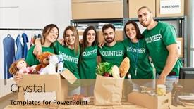  Presentation with group - Presentation theme enhanced with group-of-young-volunteers-smiing background and a coral colored foreground