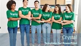  Presentation with group - PPT theme enhanced with group-of-young-volunteers-smiing background and a  colored foreground