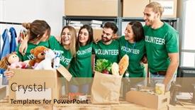  Presentation with group - Presentation theme featuring group-of-young-volunteers-smiing background and a  colored foreground