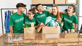  Presentation with group - Slide set with group-of-young-volunteers-smiing background and a coral colored foreground