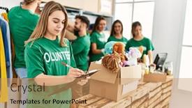  Presentation with group - PPT theme with group-of-young-volunteers-smiing background and a coral colored foreground