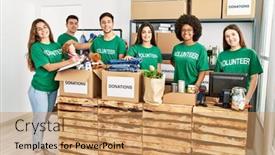  Presentation with group - PPT theme having group-of-young-volunteers-smiing background and a coral colored foreground