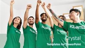  Presentation with charity - Presentation design consisting of group-of-young-volunteers-smiling background and a ocean colored foreground