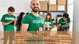  Presentation with charity - PPT layouts with group-of-young-volunteers-working background and a coral colored foreground