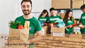  Presentation with paper bag - PPT layouts enhanced with group-of-young-volunteers-working background and a coral colored foreground