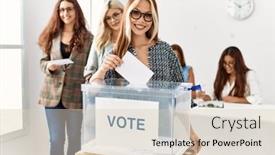  Presentation with group - PPT theme featuring group-of-young-voter-woman background and a lemonade colored foreground