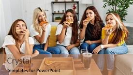  Presentation with friends - Slide set featuring group-of-young-woman-friends and a  colored foreground