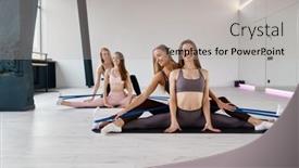  Presentation with group fitness - Presentation design enhanced with group-of-young-women-working background and a light gray colored foreground