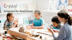  Presentation with paper making - Slide set consisting of group of youthful and clever schoolkids and their teacher sitting by table and making paper decorations for forthcoming holiday background and a sky blue colored foreground
