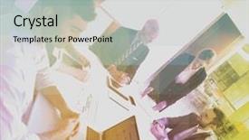  Presentation with group discussion - Amazing PPT theme having group on meeting at modern backdrop and a light gray colored foreground