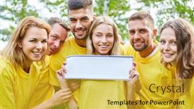  Presentation with teambuilding - Beautiful PPT layouts featuring group-or-team-holds-up backdrop and a yellow colored foreground