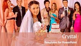  Presentation with group of people praying to god - Audience pleasing presentation theme consisting of group people at wedding table backdrop and a coral colored foreground