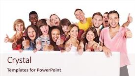  Presentation with holding people in hands - Cool new presentation with group people holding banner isolated backdrop and a lemonade colored foreground