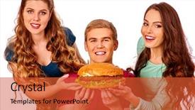  Presentation with fast food - PPT theme with group people holding hamburgers fast food concept happy handsome man on foreground women feeding man fast food isolated background and a red colored foreground