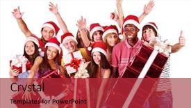  Presentation with gift - Slides having group people in santa hat background and a  colored foreground