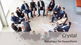  Presentation with multi cultural - Slide set enhanced with group people sitting - businessman addressing multi-cultural office staff background and a light gray colored foreground