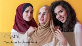  Presentation with muslim women - Slide deck with group-portrait-of-beautiful-muslim background and a coral colored foreground