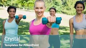 Presentation with lifting weights - Slide set enhanced with group portrait of determined women lifting weights in park background and a teal colored foreground