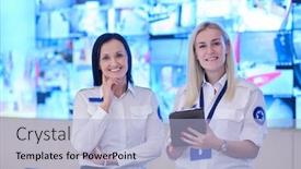  Presentation with female security - Slide set consisting of group-portrait-of-female-security background and a light blue colored foreground