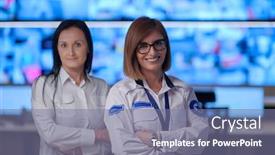  Presentation with female security - Beautiful presentation theme featuring group-portrait-of-female-security backdrop and a violet colored foreground