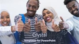  Presentation with students - Beautiful slide set featuring group portrait of happy african students standing together against white backgeoundand showing ok sign thumbs up girls wearing traiditional sudan muslim hijab fashion backdrop and a ocean colored foreground