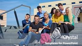  Presentation with steps - Amazing PPT layouts having group portrait of happy students outside in front of school sitting on steps have fun backdrop and a ocean colored foreground