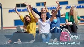  Presentation with steps - PPT theme consisting of group portrait of happy students outside in front of school sitting on steps have fun background and a ocean colored foreground
