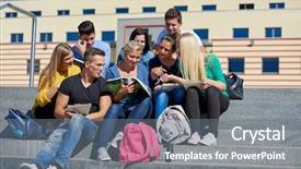  Presentation with students - Colorful presentation theme enhanced with group portrait of happy students outside in front of school sitting on steps have fun backdrop and a gray colored foreground