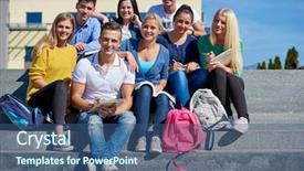 Presentation with steps - Slide set having group portrait of happy students outside in front of school sitting on steps have fun background and a ocean colored foreground