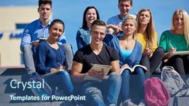  Presentation with steps - Beautiful presentation design featuring group portrait of happy students outside in front of school sitting on steps have fun backdrop and a ocean colored foreground