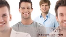  Presentation with group - Cool new slide deck with group-portrait-of-happy-young backdrop and a soft green colored foreground