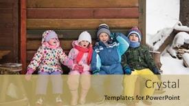  Presentation with snow day - PPT theme consisting of group portrait of kids little child group sitting together in front of wooden cabin on vacation at beautiful winter day with fresh snow background and a yellow colored foreground