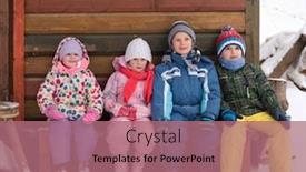  Presentation with snow day - Presentation theme featuring group portrait of kids little child group sitting together in front of wooden cabin on vacation at beautiful winter day with fresh snow background and a coral colored foreground