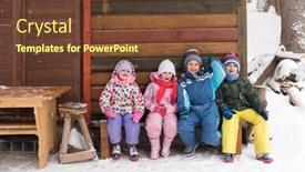  Presentation with snow day - Presentation theme enhanced with group portrait of kids little child group sitting together in front of wooden cabin on vacation at beautiful winter day with fresh snow background and a tawny brown colored foreground
