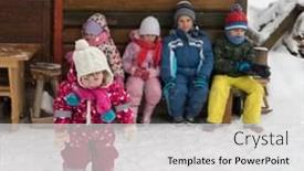  Presentation with cabin - Cool new presentation with group portrait of kids little child group sitting together in front of wooden cabin on vacation at beautiful winter day with fresh snow backdrop and a light gray colored foreground