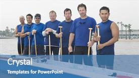  Presentation with team group yellow - Cool new slide set with group portrait of multiethnic outrigger backdrop and a teal colored foreground