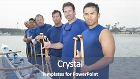  Presentation with team group yellow - Presentation design enhanced with group portrait of multiethnic outrigger background and a ocean colored foreground