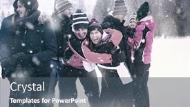  Presentation with building team - Colorful PPT theme enhanced with group portrait of young happy business people enjoying snowy winter day with snowflakes around them during a team building in the mountain forest backdrop and a ocean colored foreground