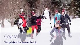  Presentation with business competition - Presentation design consisting of group portrait of young happy business people after a competition posing with finished snowman while enjoying snowy winter day with snowflakes around them during a team building in the mountain forest background and a sky blue colored foreground