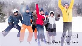  Presentation with team building - Colorful presentation design enhanced with group portrait of young happy business people enjoying snowy winter day with snowflakes around them during a team building in the mountain forest backdrop and a light blue colored foreground