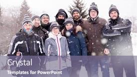 Presentation with building team - Presentation design featuring group portrait of young happy business people enjoying snowy winter day with snowflakes around them during a team building in the mountain forest background and a gray colored foreground