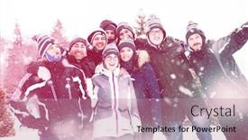  Presentation with team building - Presentation theme consisting of group portrait of young happy business people enjoying snowy winter day with snowflakes around them during a team building in the mountain forest background and a coral colored foreground