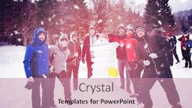  Presentation with business competition - Cool new PPT layouts with group portrait of young happy business people after a competition posing with finished snowman while enjoying snowy winter day with snowflakes around them during a team building in the mountain forest backdrop and a coral colored foreground
