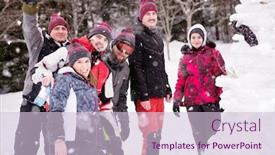  Presentation with business competition - Amazing PPT theme having group portrait of young happy business people after a competition posing with finished snowman while enjoying snowy winter day with snowflakes around them during a team building in the mountain forest backdrop and a lemonade colored foreground